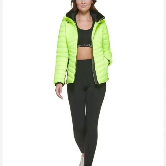 Calvin Klein Hooded Mixed-Media Puffer Jacket -Safety Yellow NWT - Picture 5 of 13